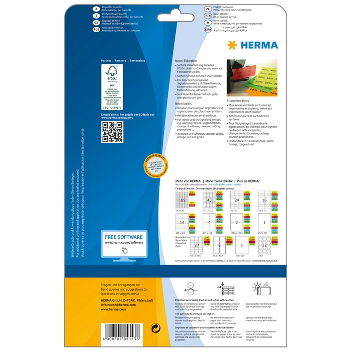 Herma Neonetiketten rund, 60mm, orange, matt, 20 Blatt (240 Etiketten)