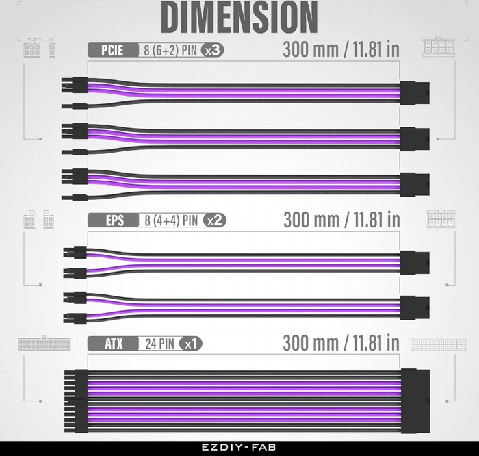 EZDIY-FAB Cable Extension Kit, 1x 24-Pin, 2x 4/8-Pin ATX, 3x 8-Pin PCIe, 16AWG, schwarz/violett