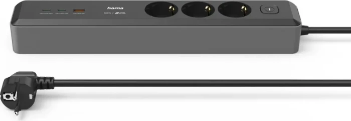 Hama Steckdosenleiste mit Schalter, 3-fach, 1x USB-A/2x USB-C 65W USB-PD, 1.4m, schwarz/grau