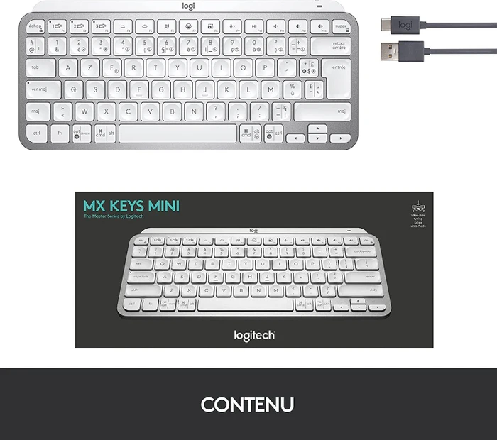 Logitech MX Keys Mini, LEDs weiß, Logi Bolt, Pale Gray, weiß/grau, USB/Bluetooth, FR