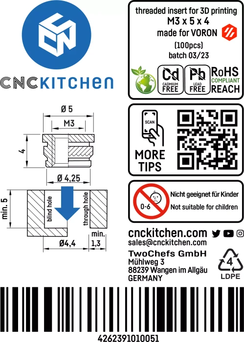 CNC Kitchen Gewindeinsatz M3 made for VORON, 100er-Pack