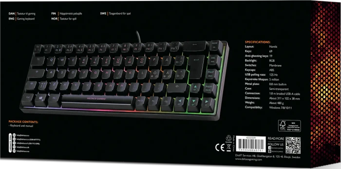 Deltaco Gaming DK240 Mini, 60%, schwarz, LEDs RGB, semi-transparent, USB, DE