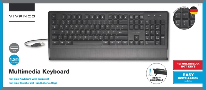 Vivanco IT-KB USB M Multimedia Tastatur mit Handballenauflage, schwarz, USB, DE