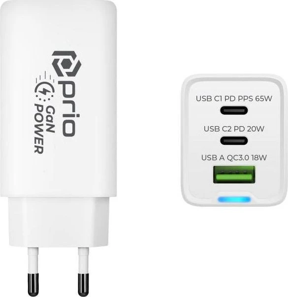 prio Wandladegerät GaN Power 65W PD PPS (USB-C) + QC 3.0 (USB-A) weiß