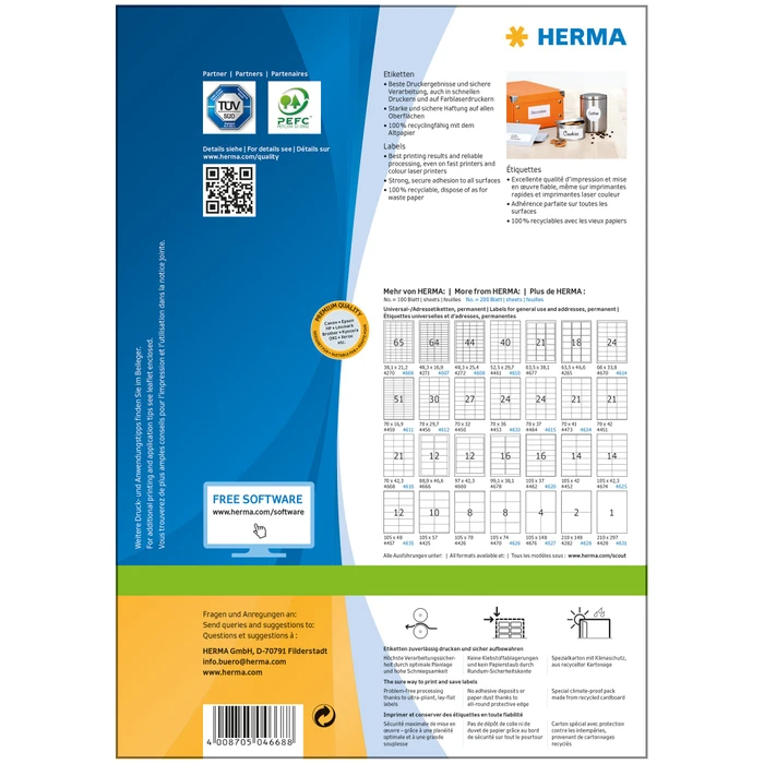Herma Etiketten Premium, 70x42.3mm, weiß, matt, 100 Blatt (2100 Etiketten)