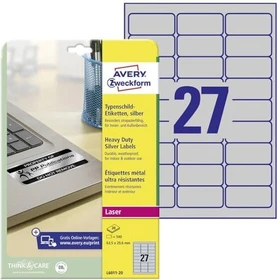 Avery-Zweckform Typenschildetiketten, 63.5x29.6mm, wetterfest, silber, matt, 20 Blatt (540 Etiketten)