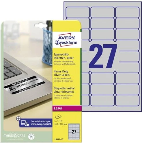 Avery-Zweckform Typenschildetiketten, 63.5x29.6mm, wetterfest, silber, matt, 20 Blatt (540 Etiketten)