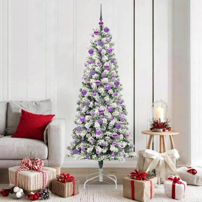 vidaXL Künstlicher Weihnachtsbaum schlank mit Schnee, 180cm, inkl. LED-Beleuchtung