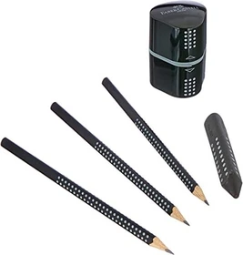 Faber-Castell Grip 2001 Bleistift B graphit, schwarz, Radierer, Anspitzer, 3er-Pack