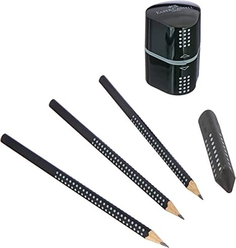 Faber-Castell Grip 2001 Bleistift B graphit, schwarz, Radierer, Anspitzer, 3er-Pack
