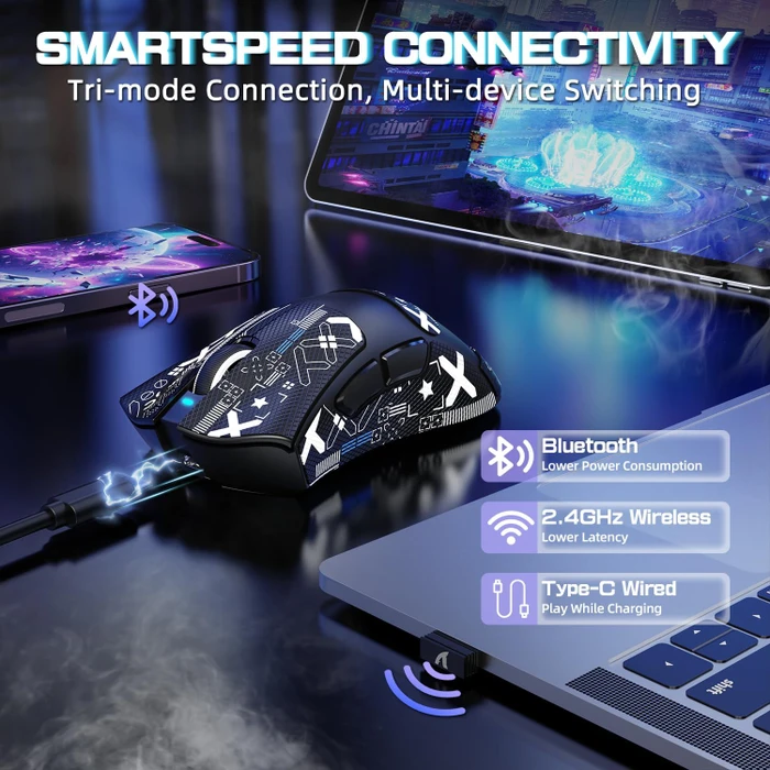 Attack Shark V3 PRO Tri-mode Wireless Gaming Mouse mit Ladestation, schwarz, inkl. Grip Tape, USB/Bluetooth