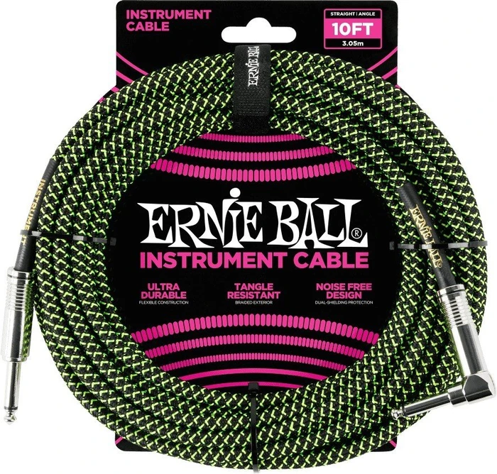 Ernie Ball 10' Braided Straight/Angle Instrument Cable Black/Green