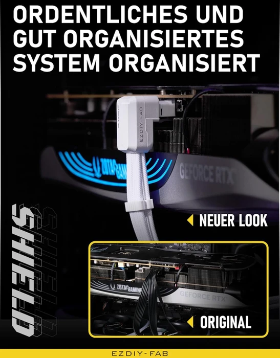 EZDIY-FAB 12V-2x6 Kabel, Shield, 16-Pin PCIe Verlängerungskabel, 1x 16-Pin PCIe 5.1 Buchse auf 16-Pin PCIe 5.1 Stecker, Variante Reverse, Sense-Pins an der Oberseite, 16AWG, weiß, 90° gewinkelt