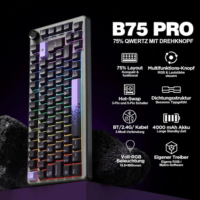 Yunzii B75 Pro, Black Purple, Milk Switch, USB/Bluetooth, DE