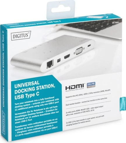 Digitus Universal Docking Station silber, Multiport, USB-Hub, Dual-Slot-Cardreader, USB-C 3.0 [Stecker]