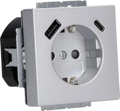 Busch-Jaeger Plattform 63 SCHUKO USB-Steckdosen-Einsatz Safety+ mit USB A/C, alusilber