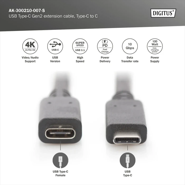 Digitus USB 3.1 Verlängerungskabel, USB-C [Stecker] auf USB-C [Buchse], 0.7m schwarz