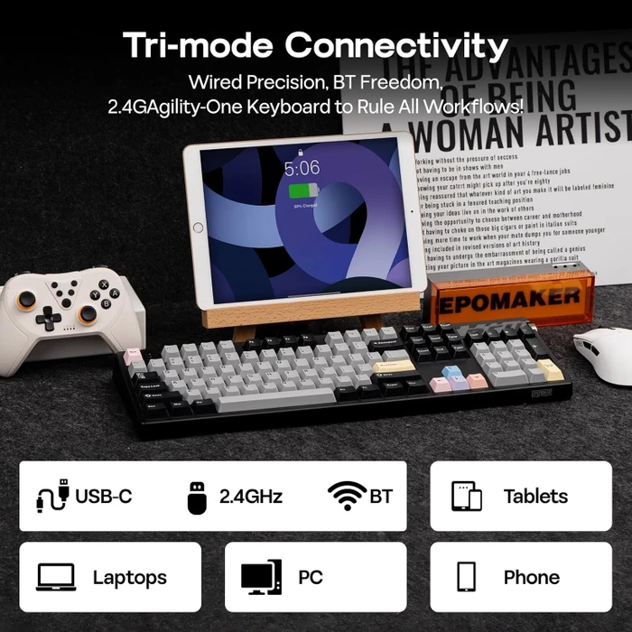 Epomaker TH108 Pro Wireless, Black, LEDs RGB, hot-swap, Epomaker Sea Salt Silent V2, USB/Bluetooth, US