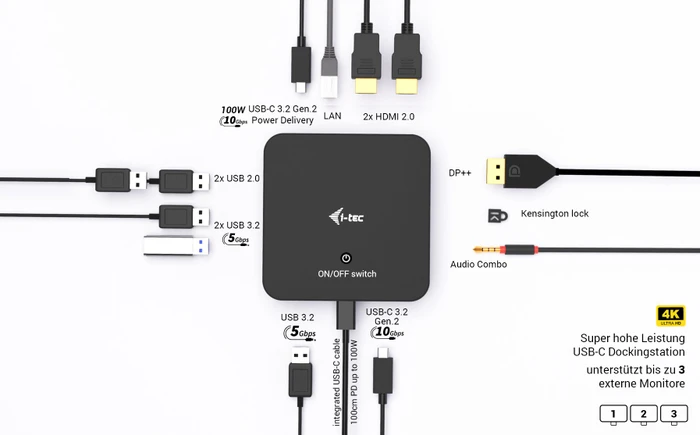 i-tec DP Dual HDMI Docking Station with Power Delivery 100 W, USB-C 3.1 mit DisplayPort 1.4 [Stecker]