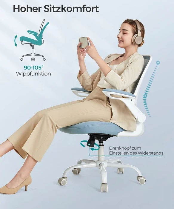 Songmics Bürostuhl ergonomisch mit Amrlehnen, nebelblau