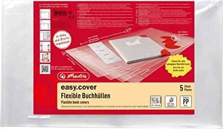 Herlitz easy cover Buchumschlag mit Namensetiketten, 58.5x34cm, transparent, 5 Stück