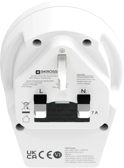 Skross World to UK USB AC20PD, 1x USB-A, 1x USB-C