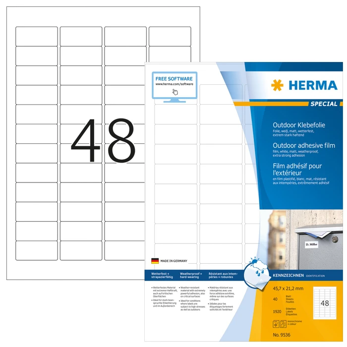 Herma Etiketten Outdoor, 45.7x21.2mm, wetterfest, weiß, matt, 40 Blatt (1920 Etiketten)