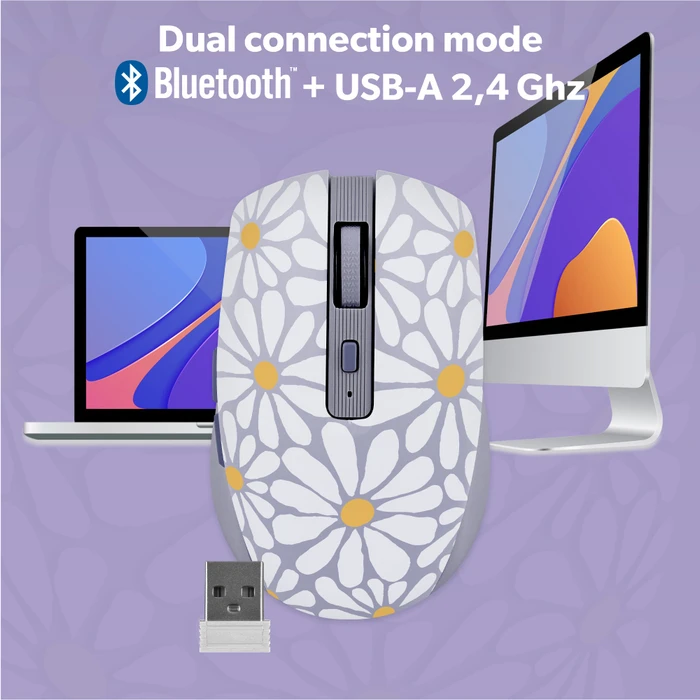 T'nB Rechargeable Bluetooth Wireless Mouse, Flower Exclusiv violett/weiß/gelb, USB/Bluetooth