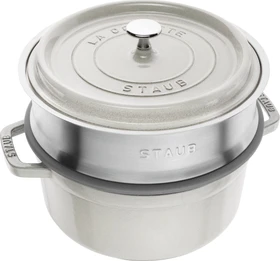 Zwilling Staub Cocotte Schmortopf rund mit Dämpfeinsatz 24cm 3.8l weißer trüffel
