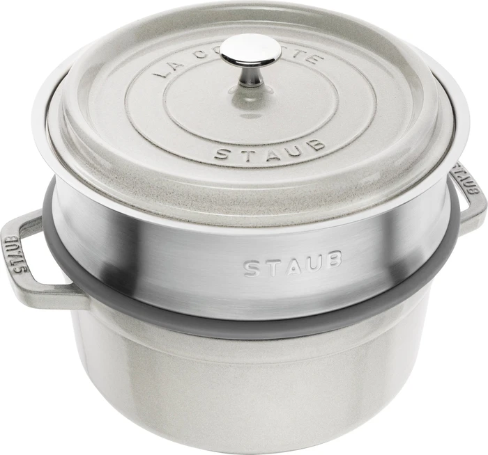 Zwilling Staub Cocotte Schmortopf rund mit Dämpfeinsatz 24cm 3.8l weißer trüffel