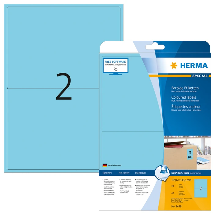 Herma Etiketten, 199.6x143.6mm, ablösbar, hellblau, 20 Blatt (40 Etiketten)