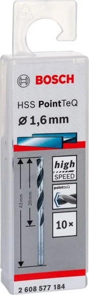 Bosch Professional HSS PointTeQ Spiralbohrer, 1.6x20x43mm, 10 Stück