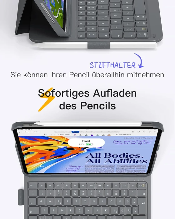 Inateck Superleicht Tastatur Hülle für iPad Air 6 11"/iPad Air 5/iPad 10/iPad Pro 11", grau, DE