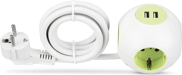 REV Ritter PowerGlobe Steckdosenwürfel, 4-fach, 2x USB, 1.4m, weiß/grün