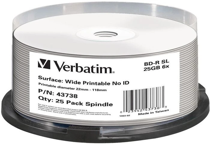 Verbatim BD-R 25GB, 6x, 25er Spindel, wide, inkjet printable, ohne ID