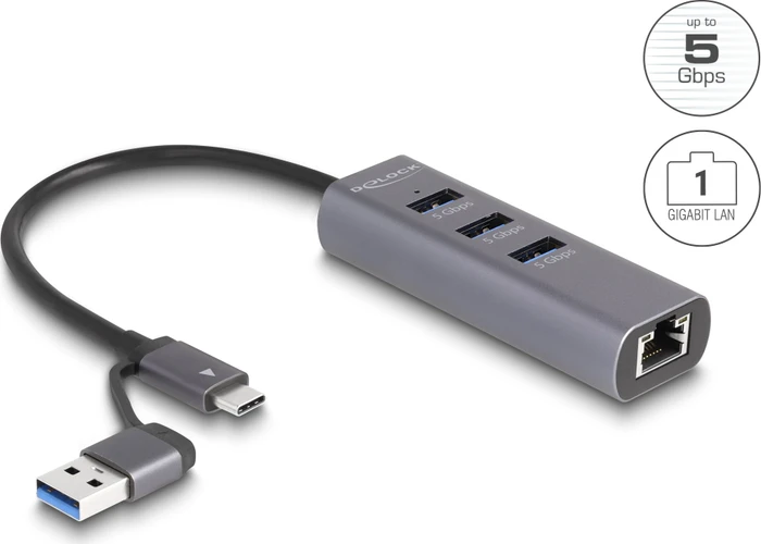 DeLOCK 3-Port USB-Hub mit Gigabit-LAN, USB-C 3.0 [Stecker]