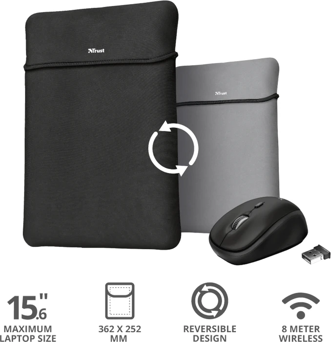 Trust Yvo Wireless Mouse Set mit Wendehülle für 15.6" Laptops, schwarz, USB
