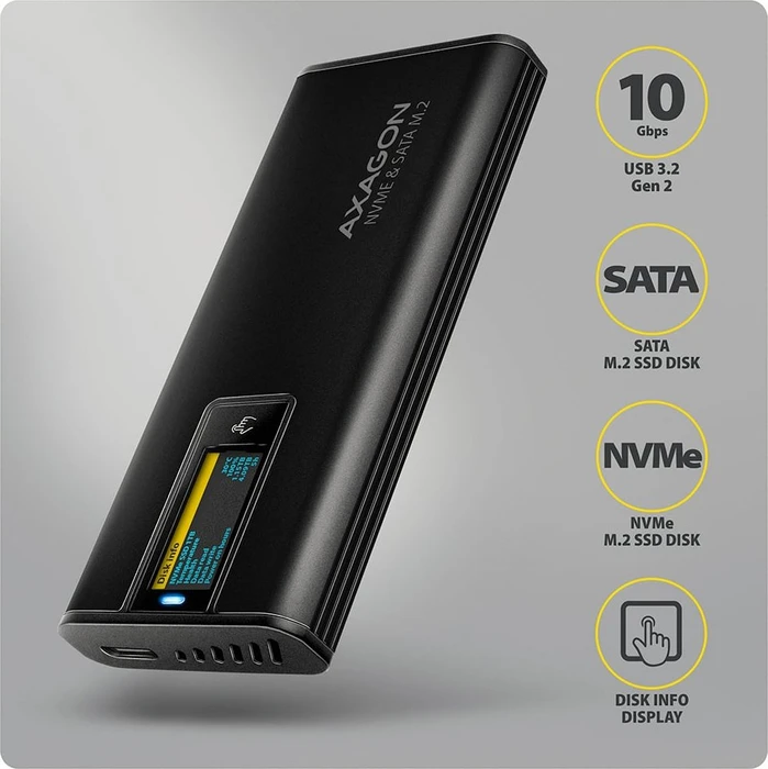 Axagon M.2 Festplattengehäuse, M.2 PCIe, Display Box, USB-C 3.1