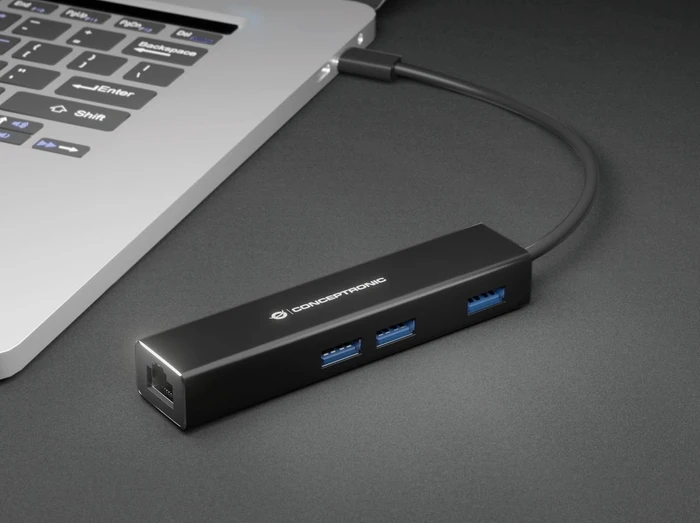 Conceptronic 3-Port USB-Hub mit Netzwerkadapter, USB-C 3.0 [Stecker]