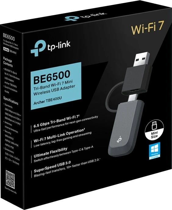 TP-Link TBE230U, Wi-Fi 7, BE6500, 2.4GHz/5GHz/6GHz WLAN, USB-C 3.0/USB-A 3.0 [Stecker]