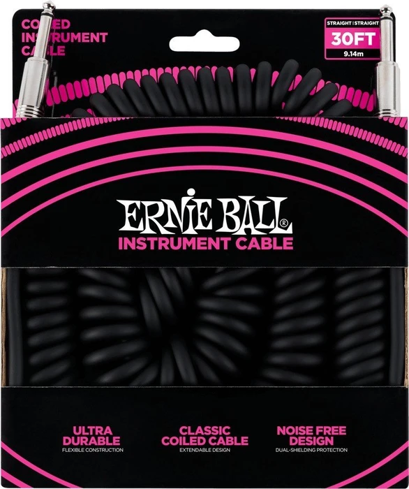 Ernie Ball 30' Coiled Straight/Straight Instrument Cable Black