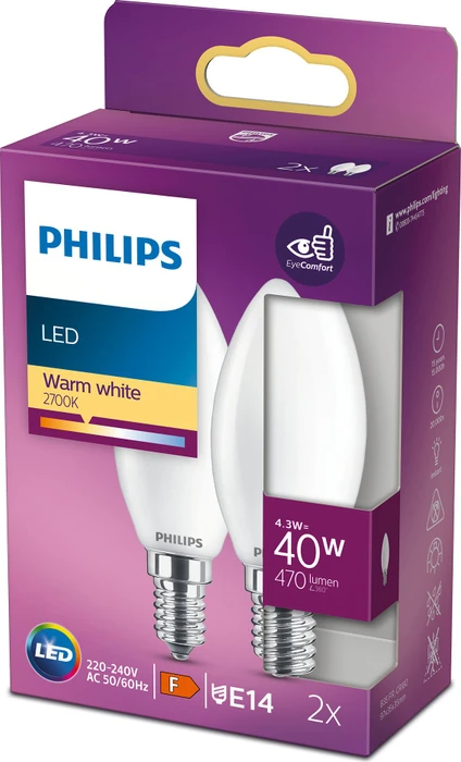 Philips Classic LED Kerze E14 4.3-40W/827, 2 Stück