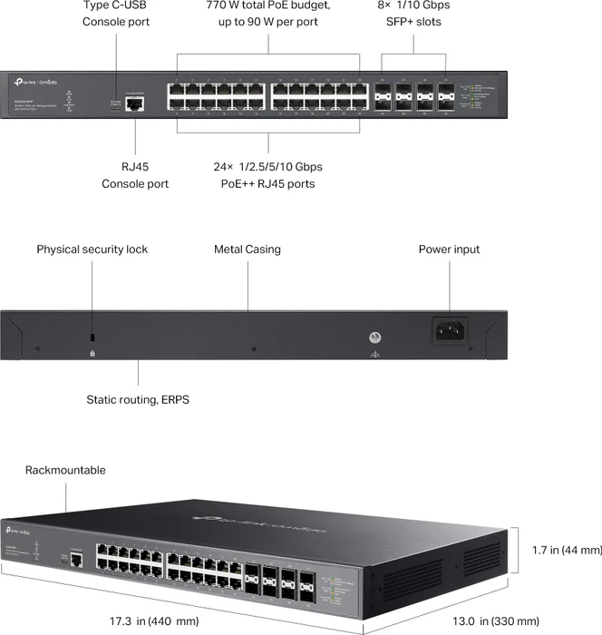 TP-Link Omada SX300 Rackmount 10G Managed Switch, 24x RJ-45, 8x SFP+, 770W PoE++