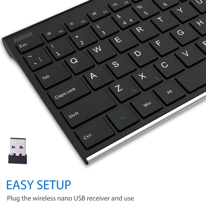 Arteck 2.4G Wireless Keyboard Stainless Steel Ultra Slim Full Size, EN
