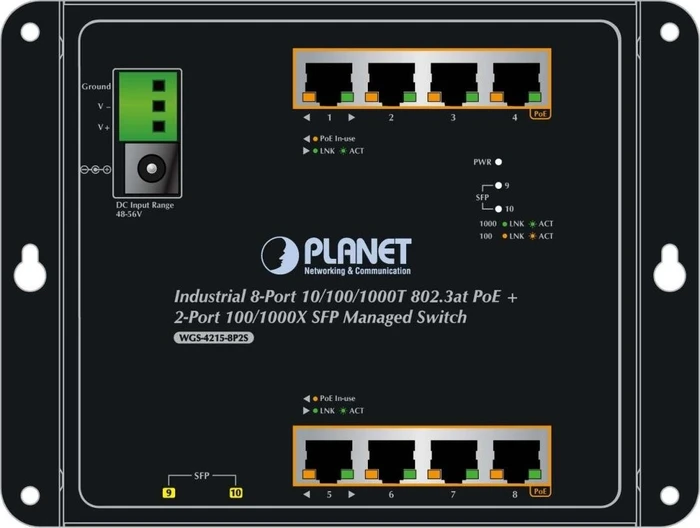 Planet WGS-4215-8P2S Industrial Wallmount Gigabit Managed Switch, 8x RJ-45, 2x SFP, 200W PoE+