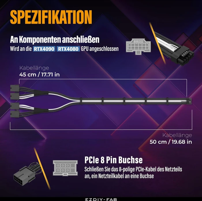 EZDIY-FAB 12VHPWR Kabel, 4x 8-Pin PCIe Buchse auf 16-Pin PCIe 5.0 12VHPWR Stecker, Adapterkabel, 16AWG, schwarz/weiß, 50cm