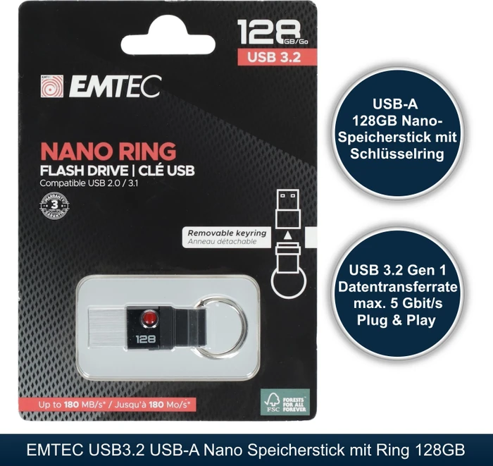 Emtec Nano Ring 128GB, USB-A, USB 3.2 Gen 1×1 (ECMMD128GT103)