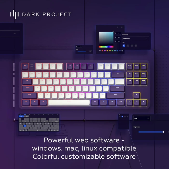 Dark Project ALU87A Violet Gaming Keyboard, weiß/violett, LEDs RGB, g3ms Sapphire, USB, US