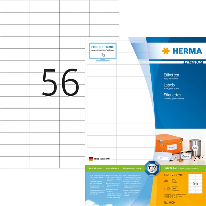 Herma Etiketten Premium, 52.5x21.2mm, weiß, matt, 200 Blatt (11200 Etiketten)