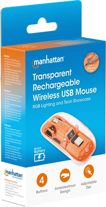 Manhattan Transparent Rechargeable Wireless Mouse, transparent/orange, USB